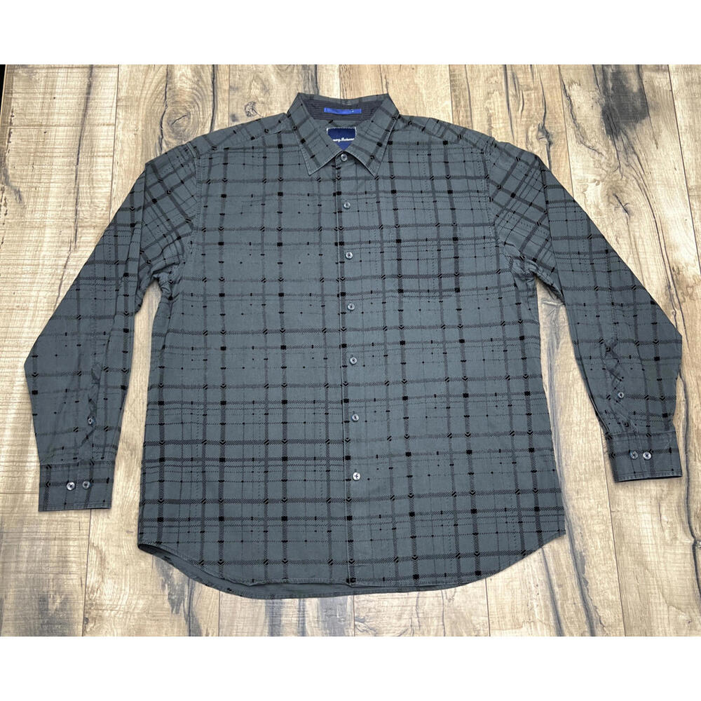 Tommy Bahama Flock This Way Gray Plaid Long Sleeve Shirt Large Textured T312745